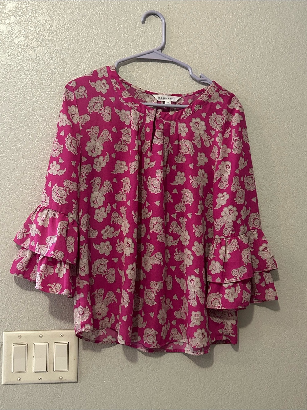 DownEast Fuchsia Floral Ruffle-Sleeve Blouse